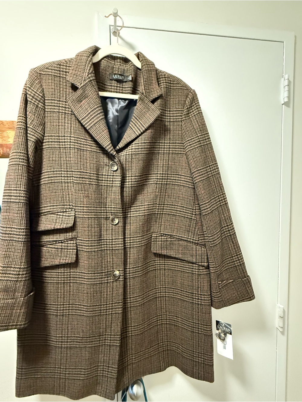 Ralph Lauren Brown Plaid Wool-Blend Pea Coat